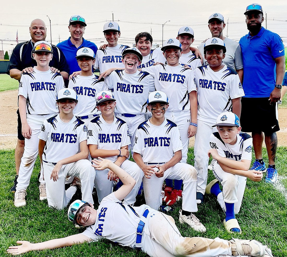 The 2023 12U Pirates. Front row: Brandon McConnell. Second row, from left: Sophia Faraci, Tyler Hastings, Carter Chan, Joey Szygiel. Third row, from left: John Halliday, Aiden Rosa, Ty Frimere, Joey Bologna, Jonathan Smith. Back row, from left: Oscar Rosa (coach), Jim Doherty (coach), James Doherty, Jay Dileo, Evin Eski, Brian McConnell (coach), Terell Iconic (head coach).