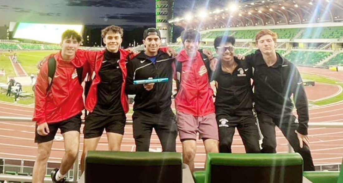 From left, Blind Brook High School freshman Noah Becher, sophomore Danny Keilman, coach Santosh Krishnan, junior Will Jaffee, senior Corey Piller and senior Jason Arnett pose for a picture following the runners’ impressive performances in the relays at the Nike Outdoor Nationals in Eugene, Oregon.