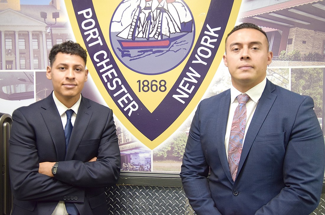 Chris Bernal (left) and Josue Cardenas pose for a picture on Wednesday, July 12, at the Port Chester police headquarters at 350 N. Main St. before beginning their training as new recruits. The two officers will attend the Westchester County Police Academy for approximately five months before completing a four-to six-week field training with the Port Chester Police Department. They will be on patrol by January 2024.