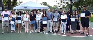 Before the concert, individuals who volunteered during the COVID-19 pandemic and Hurricane Ida were honored by the Village of Rye Brook for their service to the community. From left: Eric Hammer, Liz Rotfeld, Dara Berg, State Senator Shelley Mayer, Sandi Kornblum, Randi Held, Lisa Urban, EMS Administrator Kenny Barton, Rye Brook Trustee Stephanie Fischer, Rye Brook Mayor Jason Klein, Barry Albalah, Herbert Bocchino, Nicholas Melillo, Gail Fell, Port Chester Fire Chief Angelo Sposta, Rebecca Oling, Patricia Schofield and Anthony Del Vecchio.