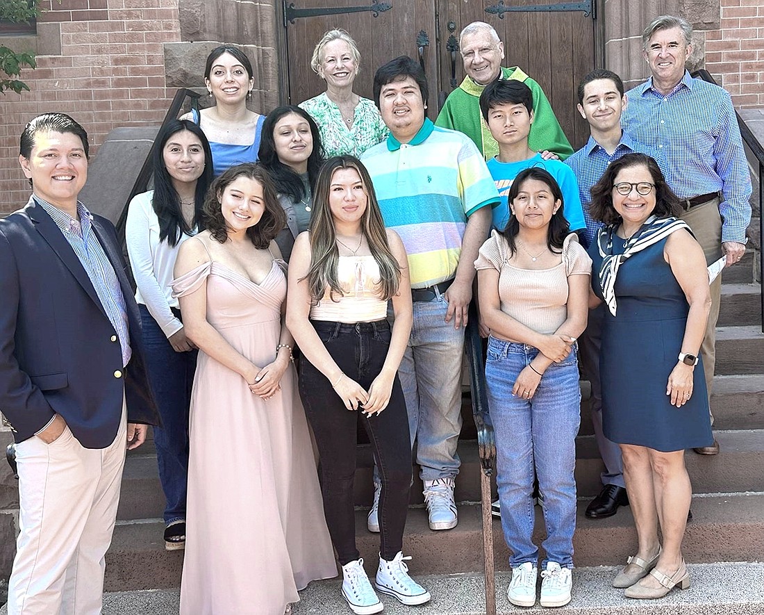 The 2023 Don Bosco Scholars, first-generation college students from Port Chester, celebrate their upcoming journeys into higher education after graduating from a program that helped them navigate the college application process. Front row: Don Bosco Community Center Executive Director Jerry Rodriguez (left), Natalie Pinto, Jeydi Rivera, Carol Conde and College Planning Consultant Eli Groenendaal. Second row: Katherine Vizhco (left), Michael Ramos, Angel Rojas, Tian Lin and Matthew Tirabasso. Third row: Yannely Sanchez (left), Scholars Coach Susan Keating, Reverend Pat Angelucci and Program Director Michael Keating.