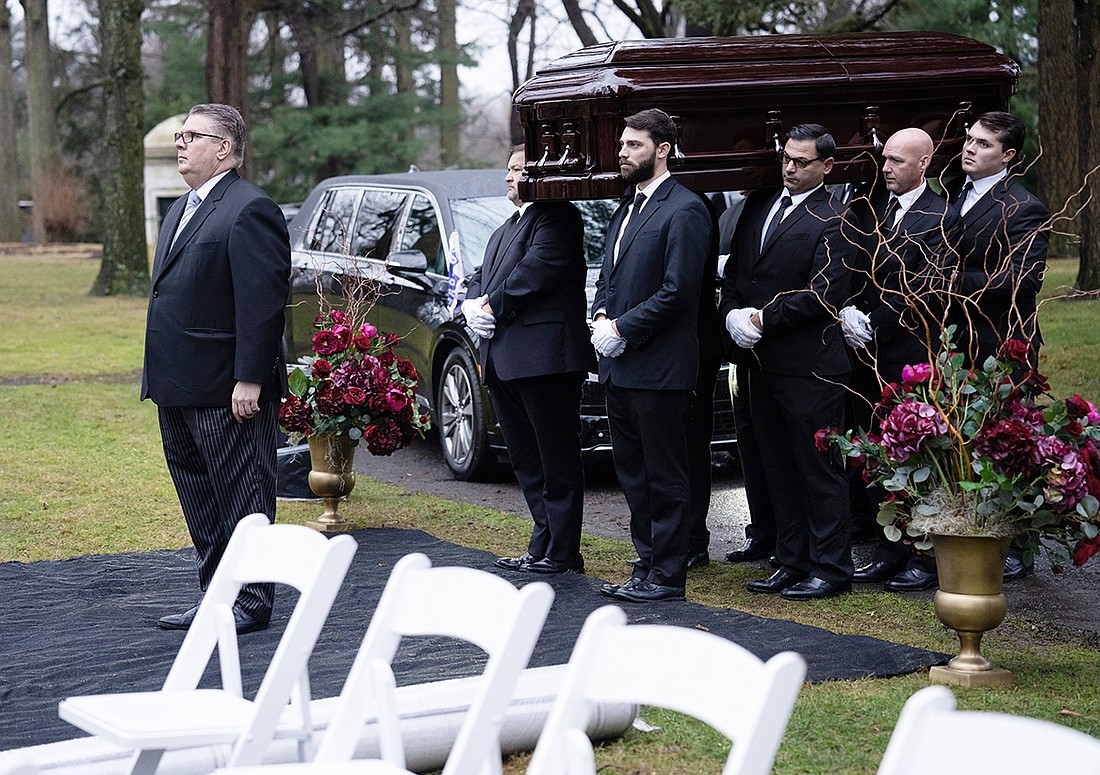 William J. (Bill) Villanova, Sr., in his role as director for the Logan Roy funeral in "Succession," leads his crew of pallbearers—actual employees of Frank E. Campbell Funeral Home.