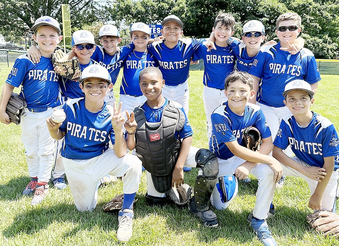 The Port Chester Youth Baseball League 9U Pirates. Back row, from left: Jared Friedman, Luke Petriello, Noah Klauck, Derek Lovallo, Dylan Rivera, Myles DeBari, Nolan Brown, Kyle Renaldo. Front row, from left: Luis (LJ) Sherwood, Gabe Rieke, Robert Berlingo, Daniel Sherwood.