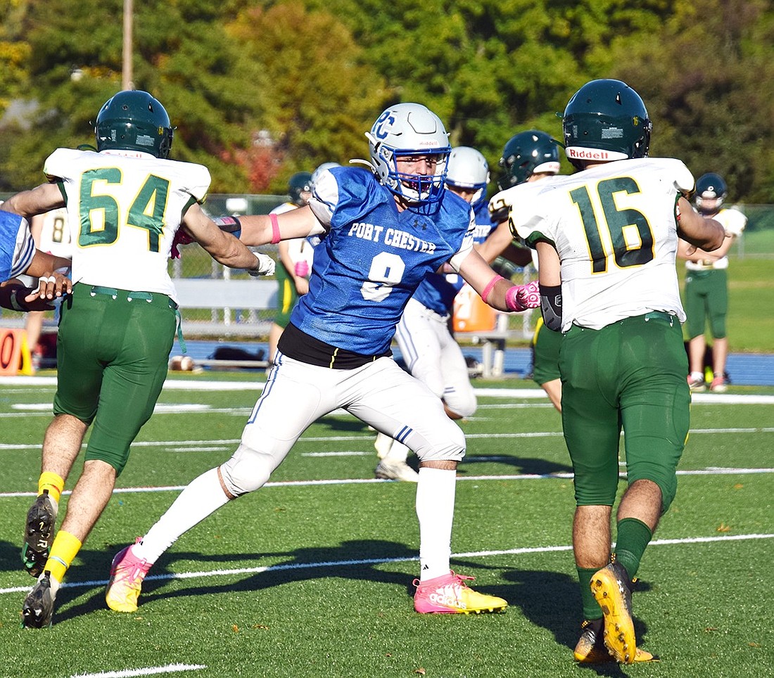 Rising junior John Pauletti (#9) will potentially be part of the starting backfield for the Port Chester Rams varsity football team for the fall season. He scored the winning touchdown in last year’s homecoming game against Hastings.