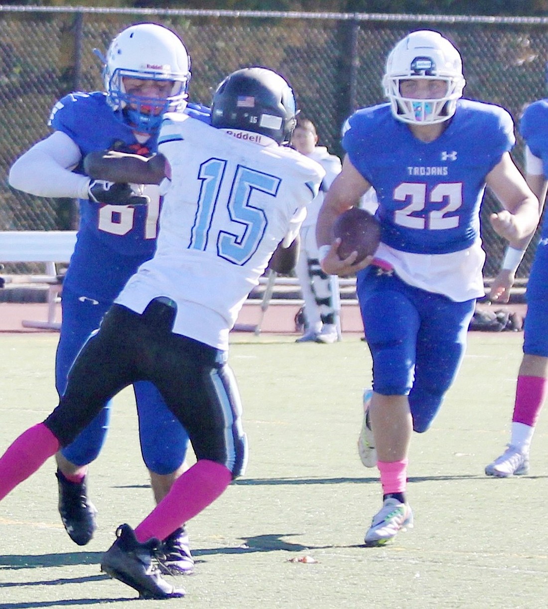 Christopher Sciacca blocks a Rye Neck player while Carmine Casino breaks away in the Trojans’ Oct. 29, 2022 home victory over the Panthers. Blind Brook’s 2023 fall football season is uncertain.