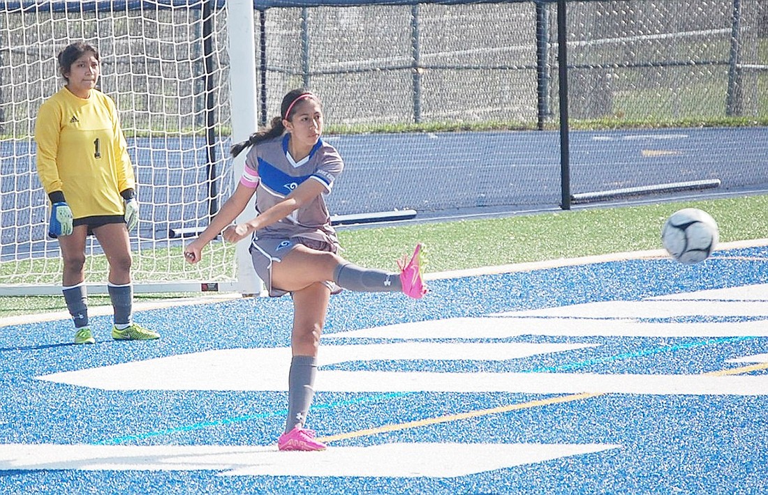 Senior co-captain Valeria Novoa demonstrates her kicking prowess in last Saturday’s (6/2) home loss to Brewster.