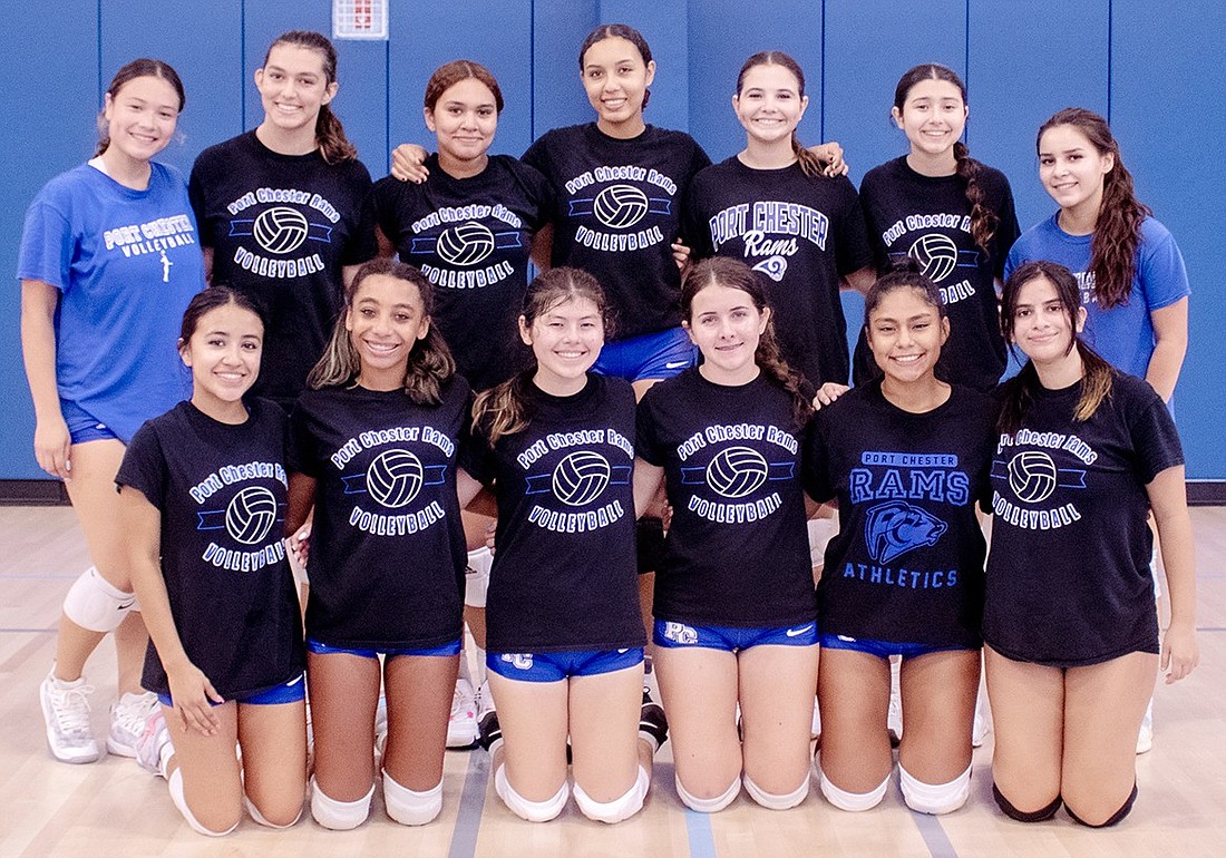 The 2023 Port Chester varsity volleyball team. Back row, from left: Camila Nunez, Nataly Suertegaray, Yanairis Tejeda, Kayla Rodriguez, Julianna Luzzi, Emily Garcia, Esmeralda Navarro. Front row, from left: Cindy Laynes, Skylar Sams, Nataly Garcia, Karah Provenzano, Katherinne Cano, Ava Ramos.