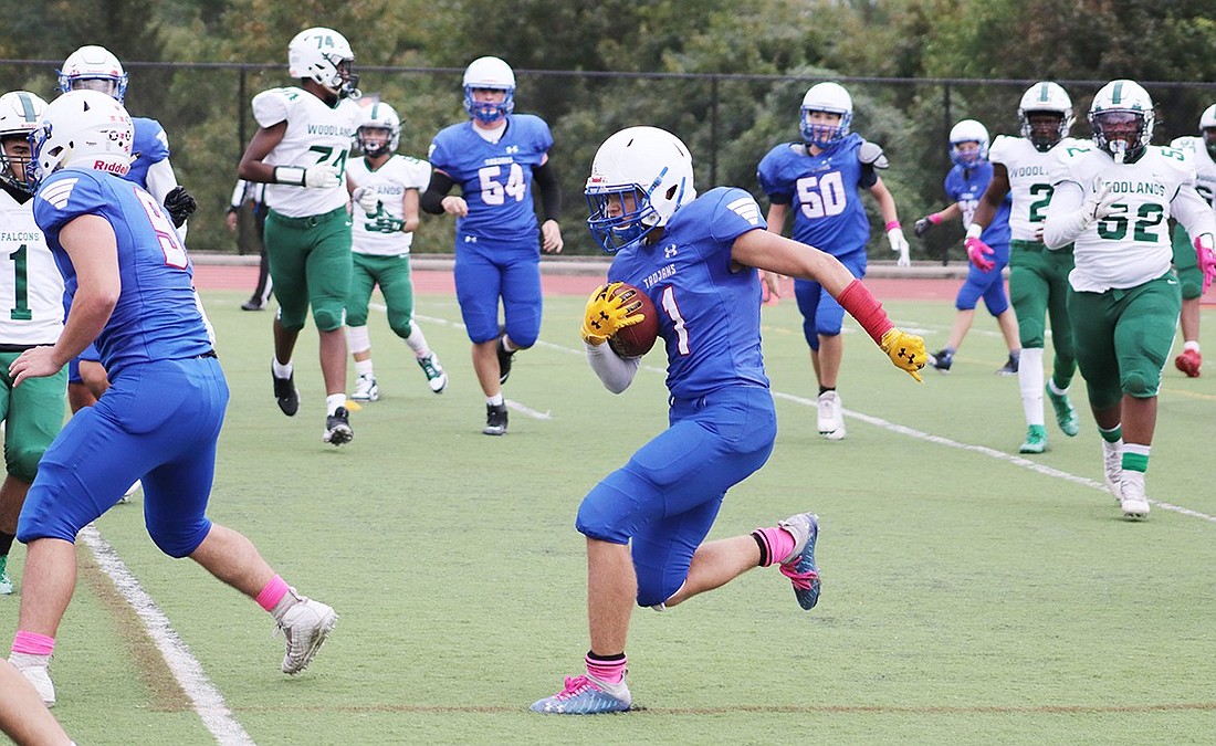 Running back Robby Carey makes his way into the end zone for his first of four touchdowns in a Blind Brook game vs Woodlands in October 2021. Because Section 1 did not approve the merger of Blind Brook’s team with that of Hastings, Carey will not be able to play football his senior year.