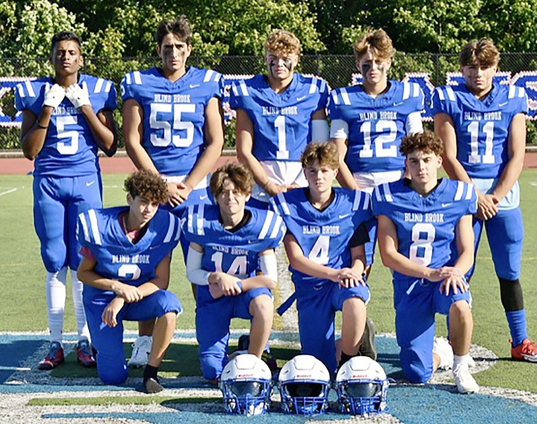 Diehard Blind Brook High School football players who continue to practice even though their season has been canceled and the proposed merger with Hastings denied are, back row, from left: Chris Persuad, Eduardo Almeida, Robby Carey, Daniel Glantz, John Marino. Front row, from left: Matthew Rigano, Bennet Cuesta, Matthew Hammer, Charlie Hammer. Missing: Carmine Casino.