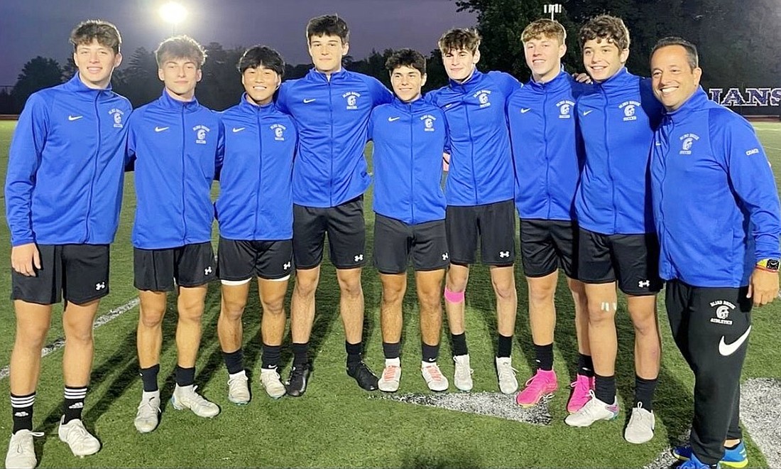 Blind Brook boys’ soccer seniors pose before their homecoming game Saturday night, Sept. 30. From left: Hudson McRedmond, Michael Bergman Annunziata, Tomo Yamano, Joaco Otero, Martin Otero, Eli Zimmerman, Seth Low, Ethan Leland, Coach Eric Brand.