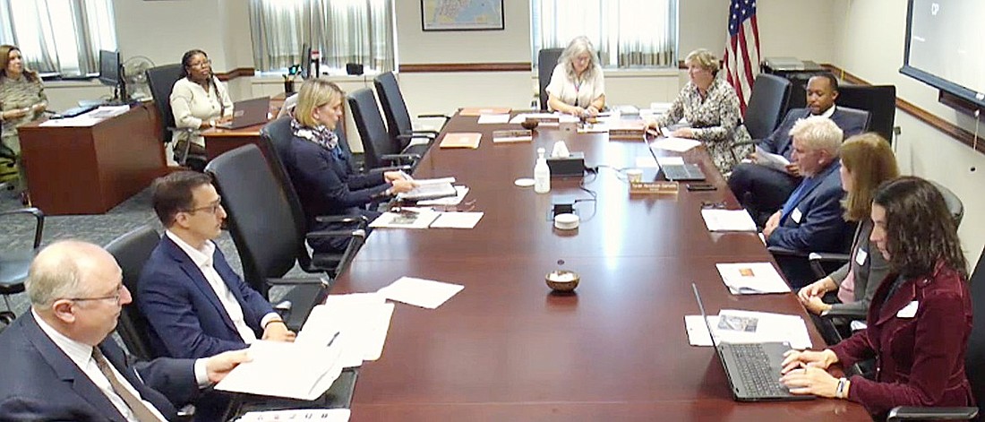 The County Legislature’s Committee on Environment, Energy, and Climate heard from the Westchester Joint Water Works staff and consultants in one of their conference rooms Sept. 26. Seated at the head of the table is the Committee Vice Chair Erika Pierce. WJWW staff and consultants occupy the other chairs, with WJWW Manager Paul Kutzy at the center right of the table.