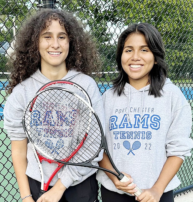 Port Chester Lady Rams doubles players Juliana Castillo and Barbara Martinez.