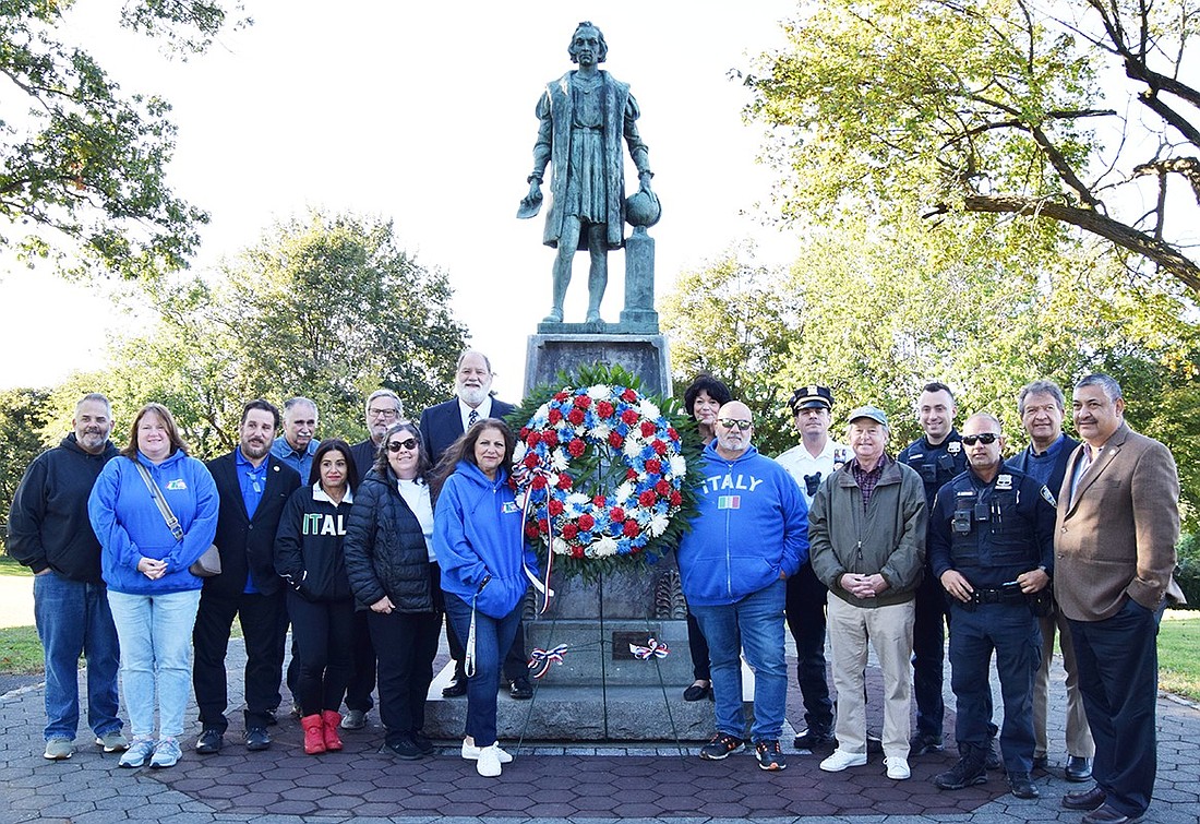 On a crisp, sunny morning, members of the Columbus Day Observance Committee, county, state, town and village elected officials and three Port Chester police officers gather at the statue of Christopher Columbus up on the hill at Columbus Park off Ryan Avenue where a wreath was placed on the morning of the Columbus Day Parade—Sunday, Oct. 8, and the day before the official holiday celebrating Columbus’s arrival in the Americas on Oct. 12, 1492.