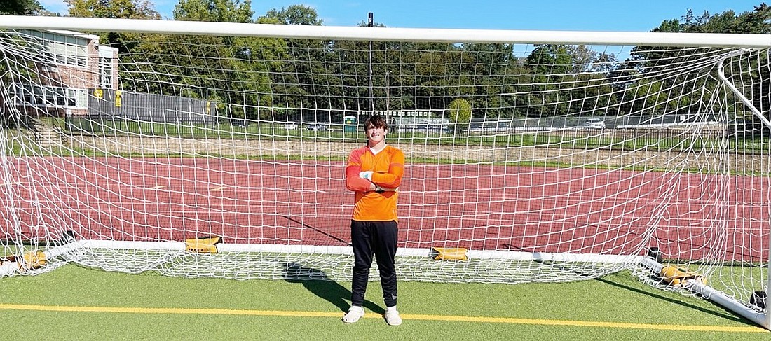 Sophomore goalie Asher Toll poses following his first varsity game on Monday, Oct. 9, which ended in a 3-2 victory over Pleasantville for Blind Brook.