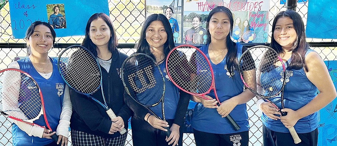 The Fab 5 of Port Chester High School girls’ varsity tennis bid farewell to their beloved team and supporters on Wednesday, Oct. 11. From left, Natalie Barreto, Yaz Handal, Melany Monroy, Kayley Martinez, Kimberly Maldonado.