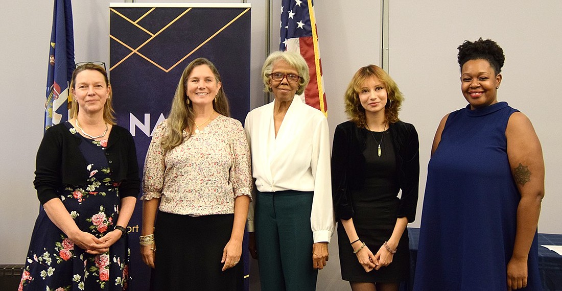 Kikki Short (left), Alison Cupp-Relyea, Heather Keeler-Robinson, Ashley Monroy and Fallen Jean-Baptiste pose for a photo before being recognized by the Port Chester/Rye NAACP for their contributions to society in the area at the Robert S. Brown and M. Paul Redd Freedom Fund Luncheon on Sunday, Oct. 22.