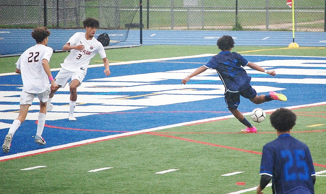 Christian Antunez attempts to make the score 2-0 against White Plains in their home playoff opener last Friday (10/20), but the ball goes just wide of the left post. The Rams won the game nonetheless to advance to the second round away Monday (10/23) against Ossining.