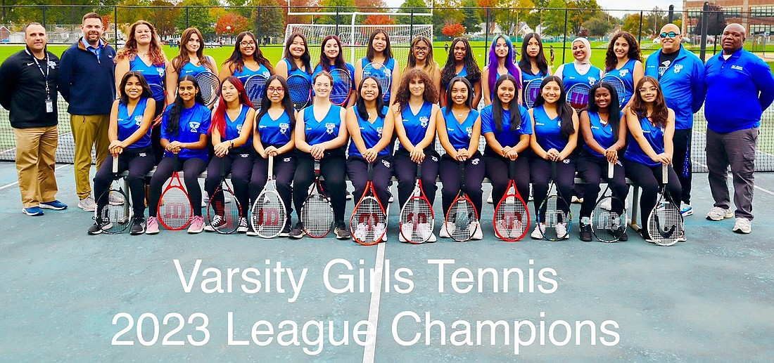 Lady Rams 2023 historic varsity tennis team photo showing their status as League Champions.