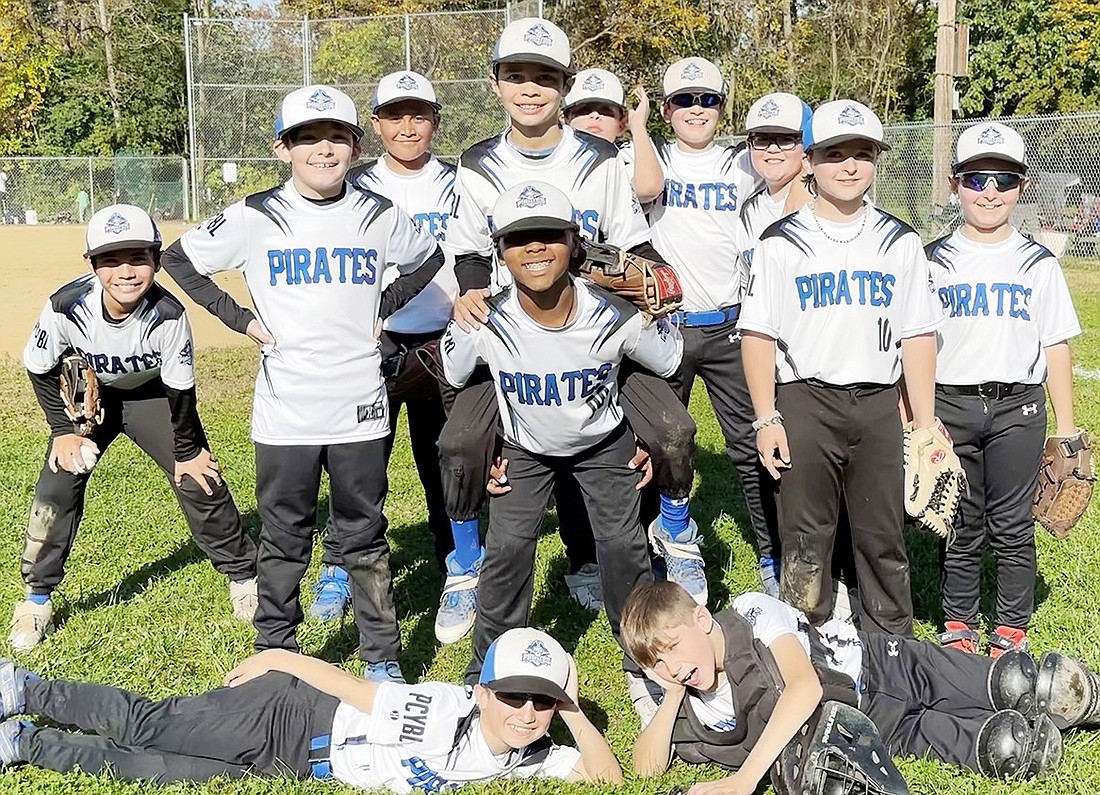 Port Chester Youth Baseball League 10U Pirates. Back row, from left: LJ Sherwood, Robert Berlingo, Dylan Rivera, Daniel Sherwood, Myles DeBari, Nolan Brown, Kyle Renaldo, Derek Lovallo, Jared Friedman. Center: Gabe Rieke. Front: Luke Petriello, Noah Klauck. The team experienced an extra innings 3-1 win over Poughkeepsie last Saturday (10/28) in Wappingers Falls to send them into the Greater Hudson Valley Fall Baseball League semi-finals Saturday (11/4) at Lyon Park.