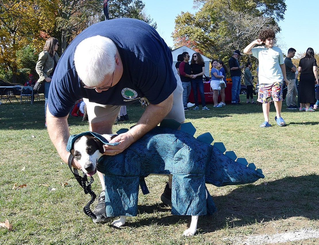 Rye Brook Village Administrator Chris Bradbury gets his dino-dog, Buddy, ready for the costume contest.