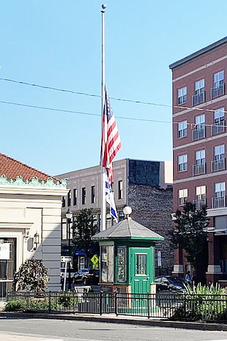 The American flag at half staff, with the Israeli flag underneath it, in the center of the Village of Port Chester at the intersection of Westchester Avenue and Main Street last Saturday, Oct. 28. Another instance of the Hamas-Israel War impacting life in our corner of the world.