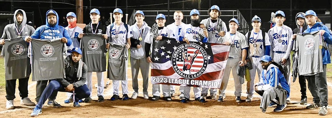 The Rams 18U baseball team with their 2023 Greater Hudson Valley Baseball League Champions banner after beating Elmsford last Saturday (11/4) in the fall season finals in Danbury, Conn.