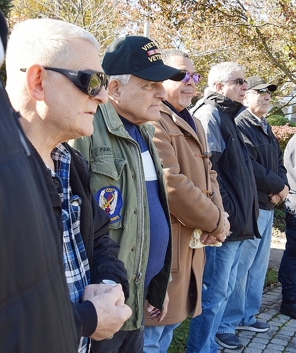 Port Chester veterans Pat Barrese (left) and Dominick Mancuso and former local elected officials Greg Adams, Dan Colangelo and John Colangelo were among the 50 people attending Saturday’s ceremony.