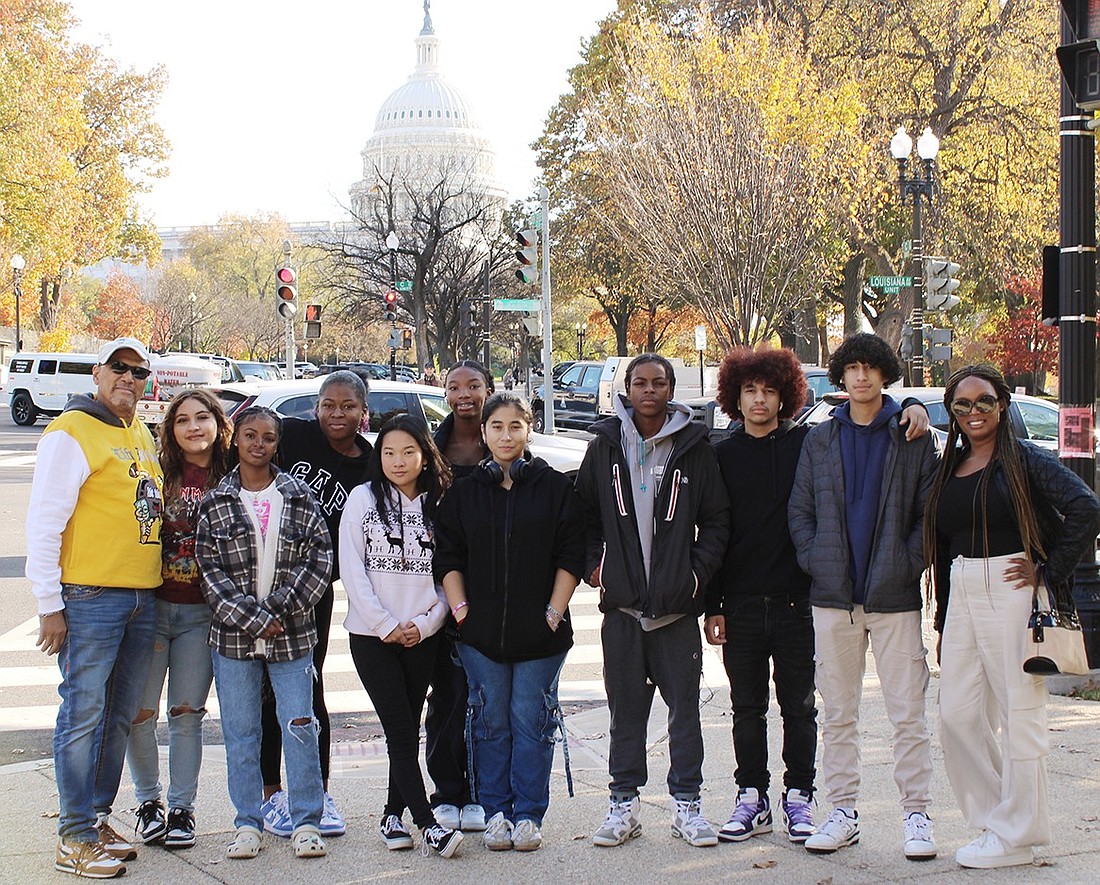 The Port Chester Youth Bureau’s trip to Washington, D.C. the weekend of Nov. 11 and 12 shows the group in the foreground and the U.S. Capitol in the background. Director Charles Morgan, left, poses with youth members Sabrina Contreas, Destini Furman, Summer Carrol, Lena Zheng, Philasande Mkhize, Camilla Marroquin, Jah’meer Furman, Julian Estevez and David Escobar along with adult chaperone Zasembo Mkhize at far right. Student Jayden Arbusto took the photo.