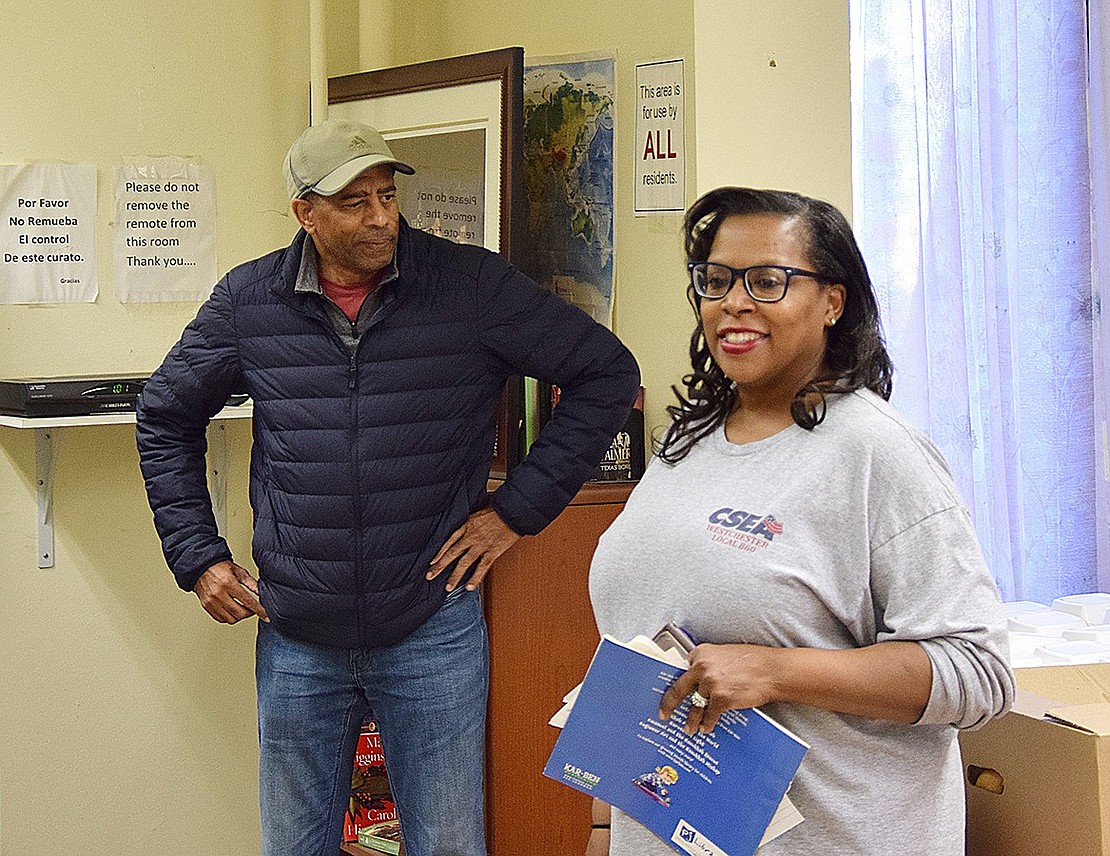 Port Chester Housing Authority Director Michael Morris and Commissioner Hattie Adams kick off the event by thanking Corporate Outreach for their generosity.