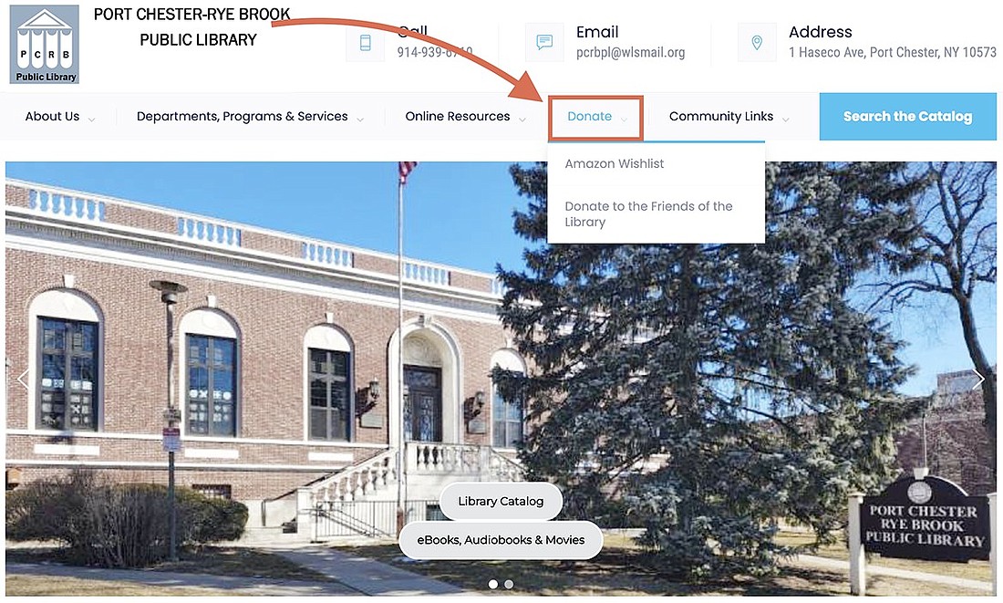 Screenshot from Port Chester-Rye Brook Public Library’s website showing the donate button.