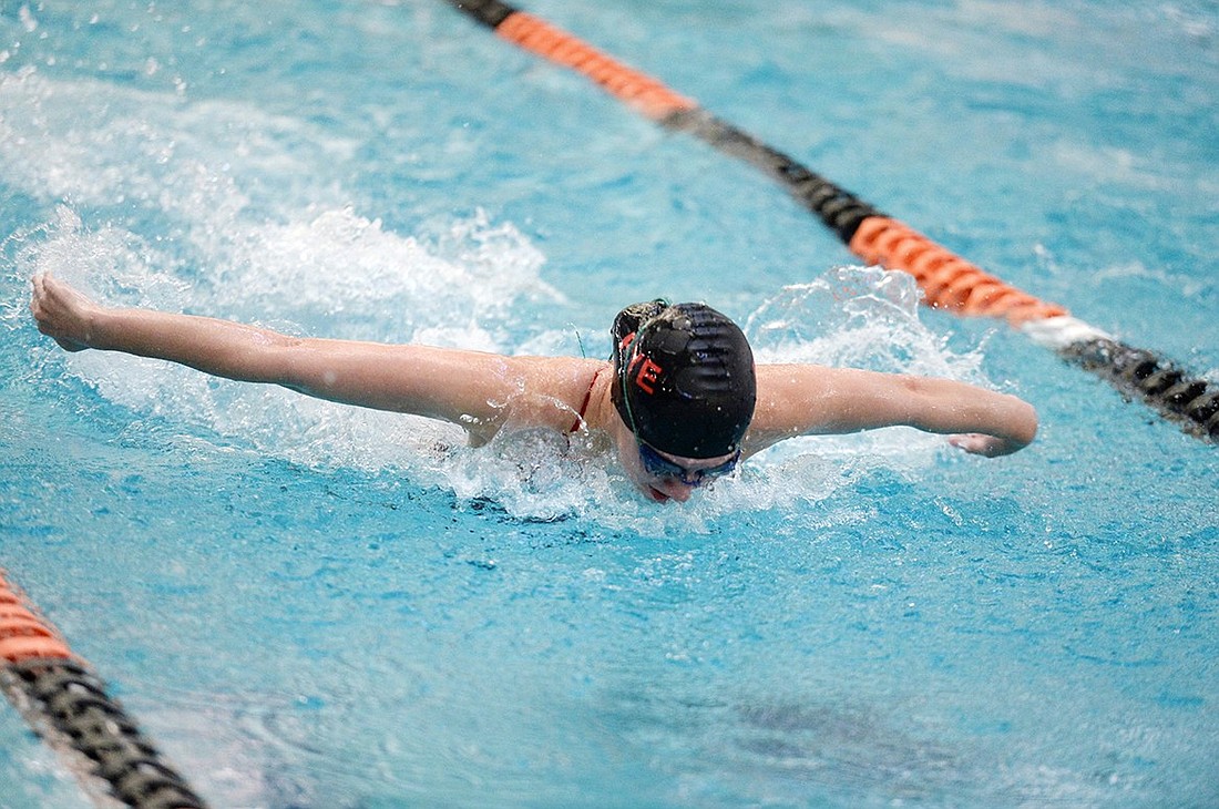 Blind Brook High School senior Sydney Goldberg competes in the butterfly leg on a relay in the New York State Public High School Swimming and Diving Championships in Rochester. She made the All-Section team and qualified for states even though Blind Brook doesn't have a pool.