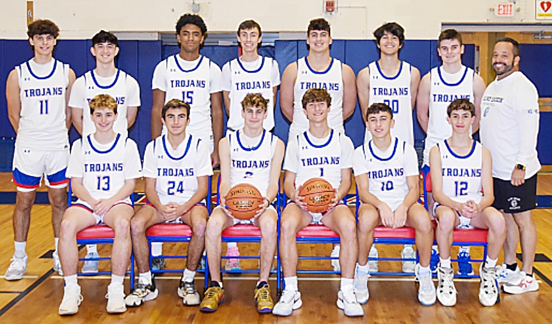 The Blind Brook 2023-24 boys’ varsity basketball team. Back row, from left: Ryan Stiler, Elliot Zwicker, Josiah Curtis, Aidan Sacs, Tyler Taerstein, James Pearlman, Bailey Estep. Front row, from left: Cooper Schloss, Nico Palacios, Eli Zimmerman, Noah Brookman, Jack Gold, Luke Miller.