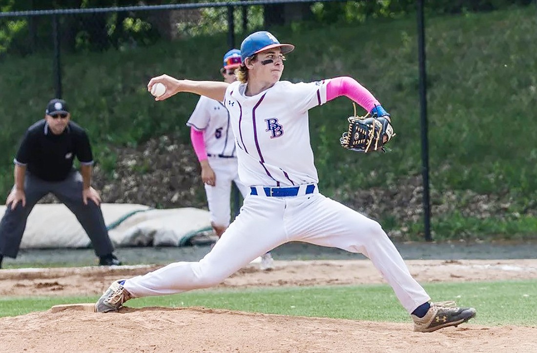 Andrew Rogovic pitches for the Blind Brook Trojans last year as a junior.