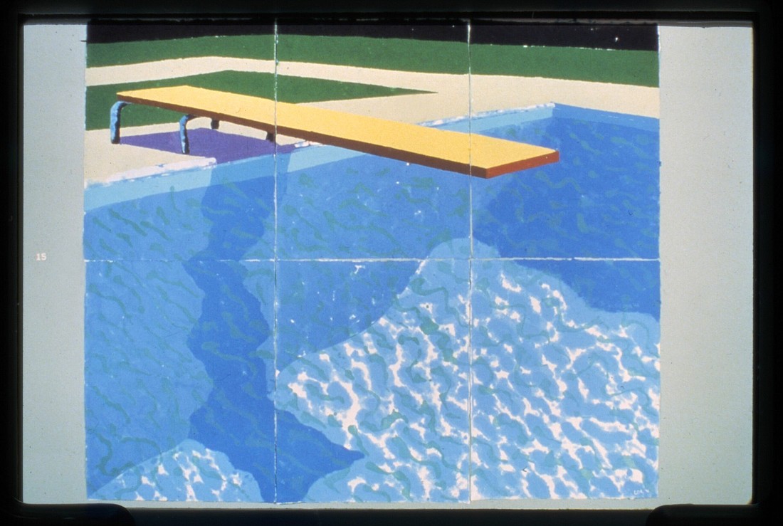 Diving Board with Shadow is one of the works from the ongoing exhibition Hockney/Origins at the Bruce Museum in Greenwich. See Exhibits for details.