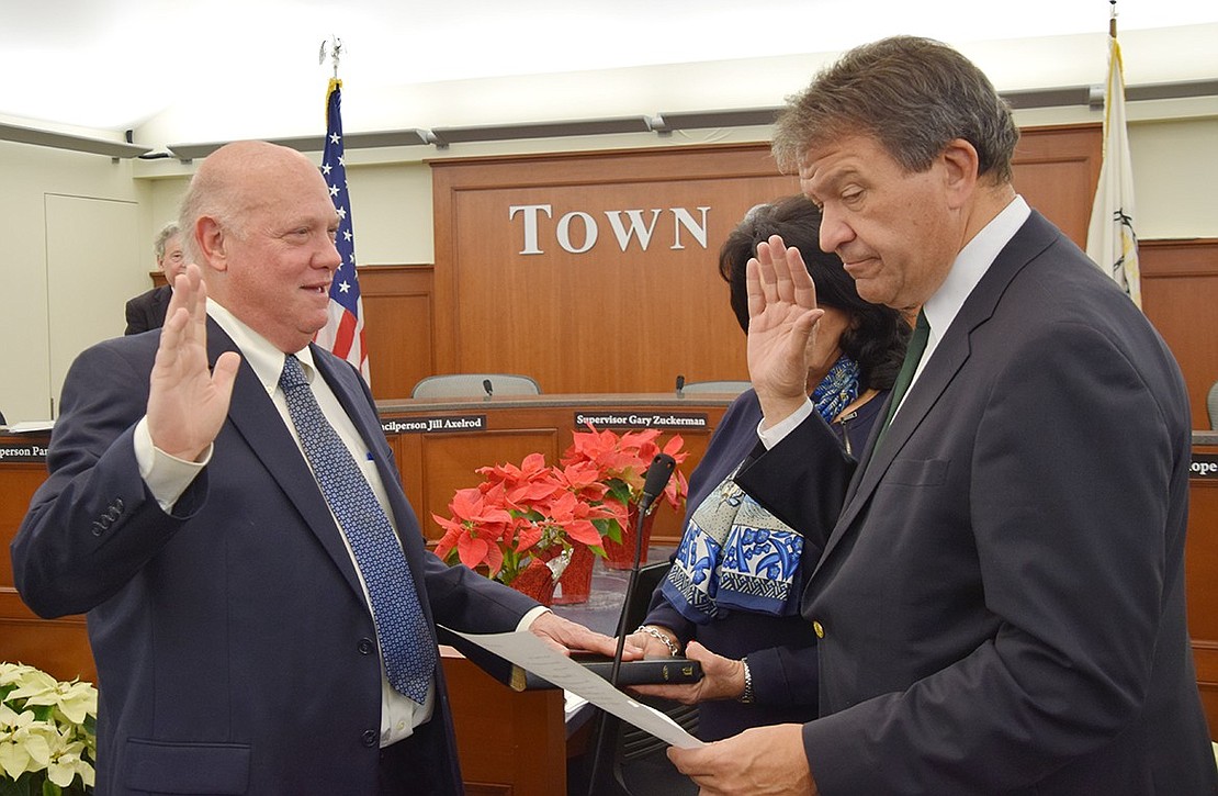 Randy Sellier, a new face on the Town of Rye Council, is sworn in by County Executive George Latimer. The 69-year-old represents the Rye Neck portion of Mamaroneck.