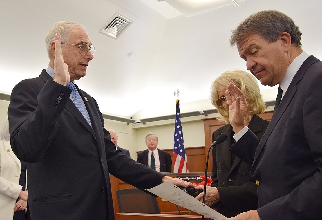 Officially entering his third four-year term, Rye Town Supervisor Gary Zuckerman gets sworn into office by County Executive George Latimer on Tuesday, Jan. 2. After sweeping the November election, all Democratic winners who now comprise the new Rye Town Council participated in the ceremony at the Crawford Mansion Community Center.