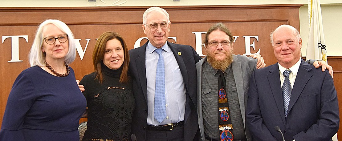 The new Rye Town Council poses for a group photo after their first meeting of the year. The council consists of Pam Jaffee (left), Jill Axelrod, Supervisor Gary Zuckerman, Thomas Nardi and Randy Sellier.