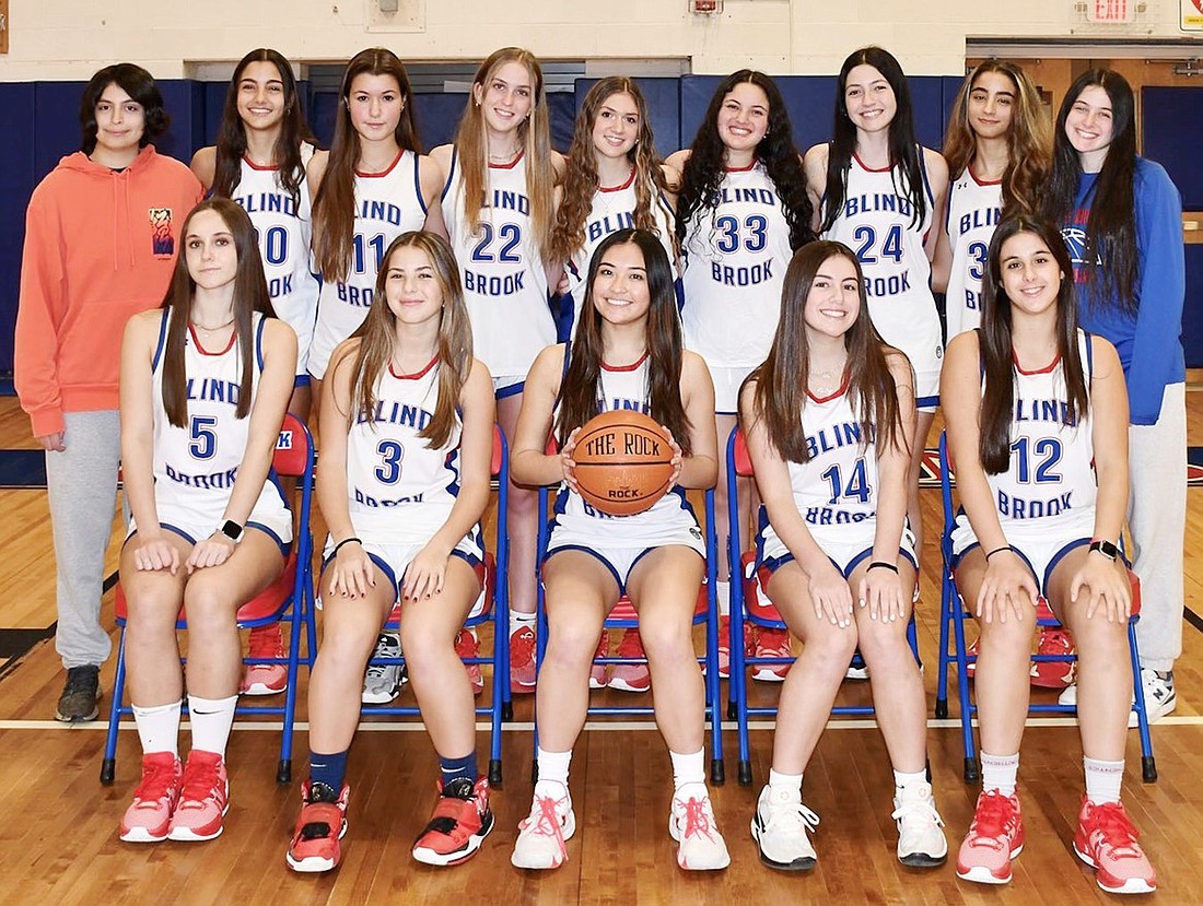 The 2023-24 Blind Brook girls’ varsity basketball team is sitting at the top of their league and was ranked among the top 25 Class B teams in the state. They are now 6-1. Front row, from left: Makayla Dutra, Skylar Sommers, Kyra Mak (captain), Carly Hodes, Isabella Montesano. Back row, from left: Natalie Genovese, Ella Rosenfeld, Veronica Pallotta, Kendall Konigsberg, Natalie Carey, Emily Solow, Avery Smith, Oriah Rosenfeld, Allie Solow. Missing: Richa Munjal.