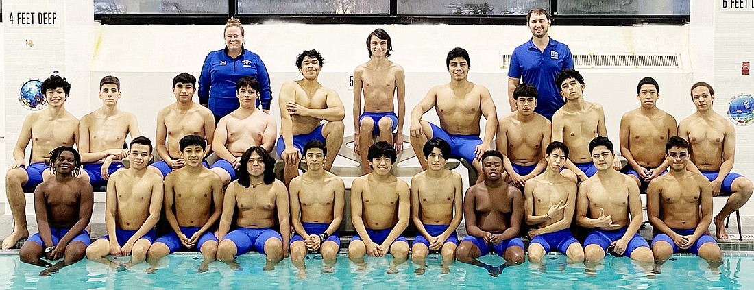 The 2023-24 Port Chester High School boys’ varsity swim team. Front row, from left: Hayden Anti, Jordan Moncada, Christian Yupangui, Daniel Recinos, Santiago Marquez, Jacob Gordillo, Sergio Morales, Brandon Moody, Luis Francis Sigua, Andres Chica, Cristian Montenegro. Second row, from left: Juan Mejia, William Langenbach, Jason Espinal, Christian Jaden, Miguel Infante-Rojas, Tiernan McLoughlin, Matthew Palma, Jeremy Zhapan, Daniel Morales, Aldair Mallama, Anthony LaBella. Back: Coaches Colleen Cahill and Anton Raskin.