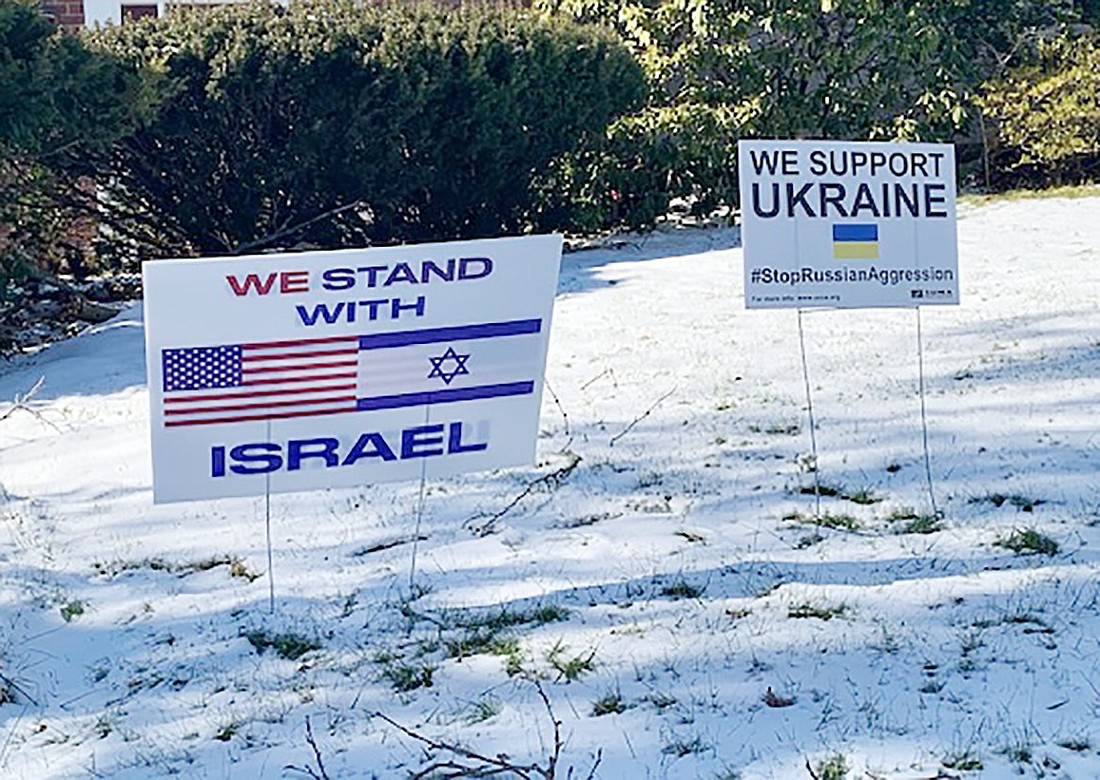 A homeowner on North Ridge Street in Rye Brook expressing support for Israel and Ukraine on their front lawn on a cold late January day.