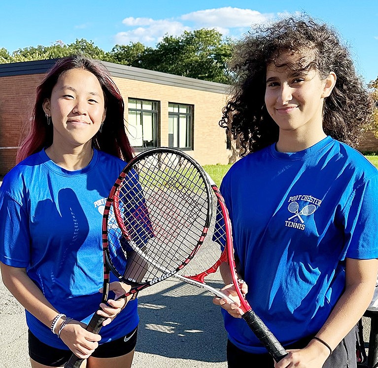 Casey Schultz (left) and Juliana Castillo have gone from playing fast-paced doubles during Port Chester’s championship tennis season to accomplishing winning times in various events during the indoor winter track season.