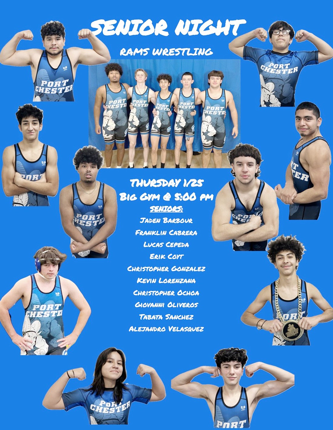 Pictured clockwise from bottom left are senior wrestlers Tabata Sanchez, Lucas Cepeda, Jaden Barbour, Giovanni Oliveros, Kevin Lorenzana, Franklin Cabrera, Christopher Ochoa, Alejandro Velasquez, Erik Coyt, and Christopher Gonzalez who participated in a home match against Horace Greeley Thursday (1/25), which was also Senior Night.