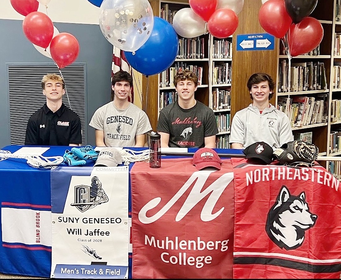 From left, Blind Brook High School seniors Michael Berman Annunziata, Will Jaffee, Seth Low and Andrew Rogovic have committed to play a sport in college. Berman will play lacrosse for Clark University, Jaffee will run track for SUNY Geneseo, Low will play lacrosse for Muhlenberg and Rogovic will play baseball for Northeastern.