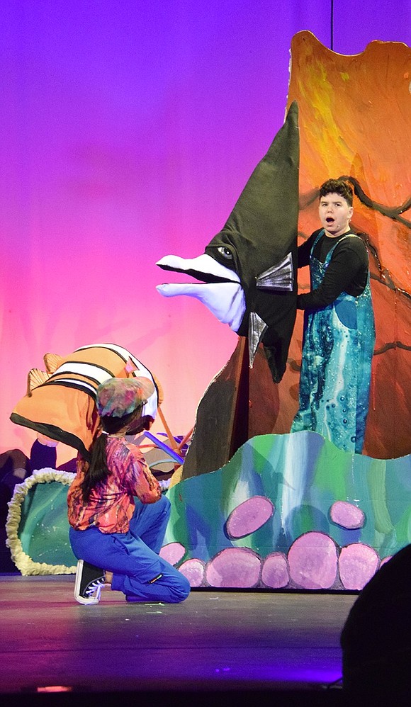 With the nimble Nemo (left, played by Maggie Miao) now joining the fishtank, Gill the Moorish Idle Fish (played by Andy Montvelisky) announces to his peers a new plan to escape from captivity.