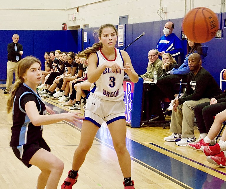 Freshman Skylar Somers looks to pass the ball during the Lady Trojans’ home basketball game against Rye Neck on Monday, Feb. 5. Blind Brook beat the Panthers 54-27.