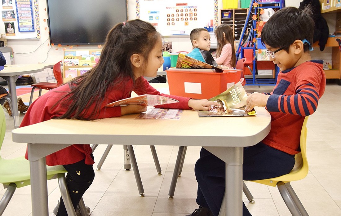 During a kindergarten literacy lesson at John F. Kennedy Elementary School in December 2022, Valentina Alvarez Espinol and Aiden Ortega select animal books to read. The Port Chester School District was awarded a $2.4 million RECOVS grant from the State of New York to address pandemic-related learning loss, money that administrators say will likely be used to enhance literacy.