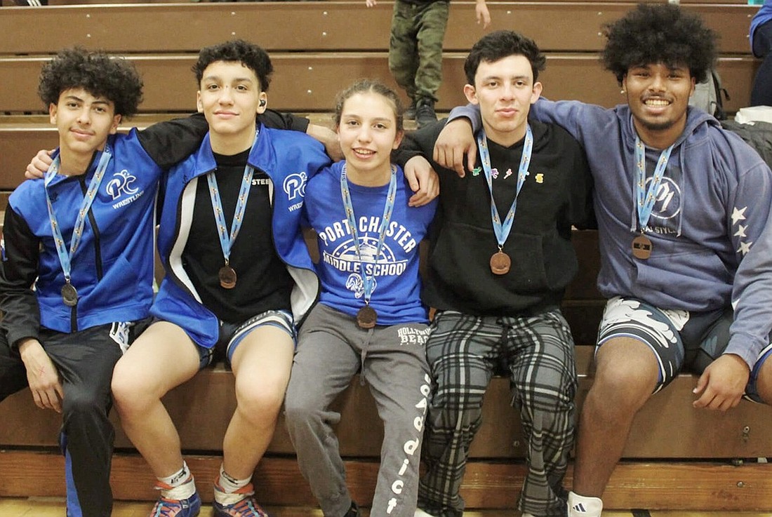 The five Port Chester High School wrestlers who qualified for the Divisional Championships last Saturday (2/3) at Clarkstown South have also qualified for the upcoming Sectionals Saturday (2/10) at the Westchester County Center in White Plains. They are, from left: Erik Coyt, Nicholas Pereira, Laila Builes, Eduar Polanco and Jaden Barbour.