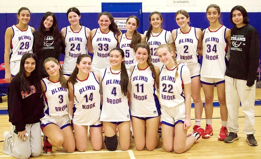 Blind Brook High School 2023-24 girls’ basketball team. Back row, from left: Ella Rosenfeld, Allie Solow, Avery Smith, Emily Solow, Makayla Dutra, Bella Montesano, Natalie Carey, Oriah Rosenfeld, Natalie Genovese. Front row, from left: Richa Munjal, Skylar Sommers, Carly Hodes, Kyra Mak, Veronica Pallotta, Kendall Konigsberg.