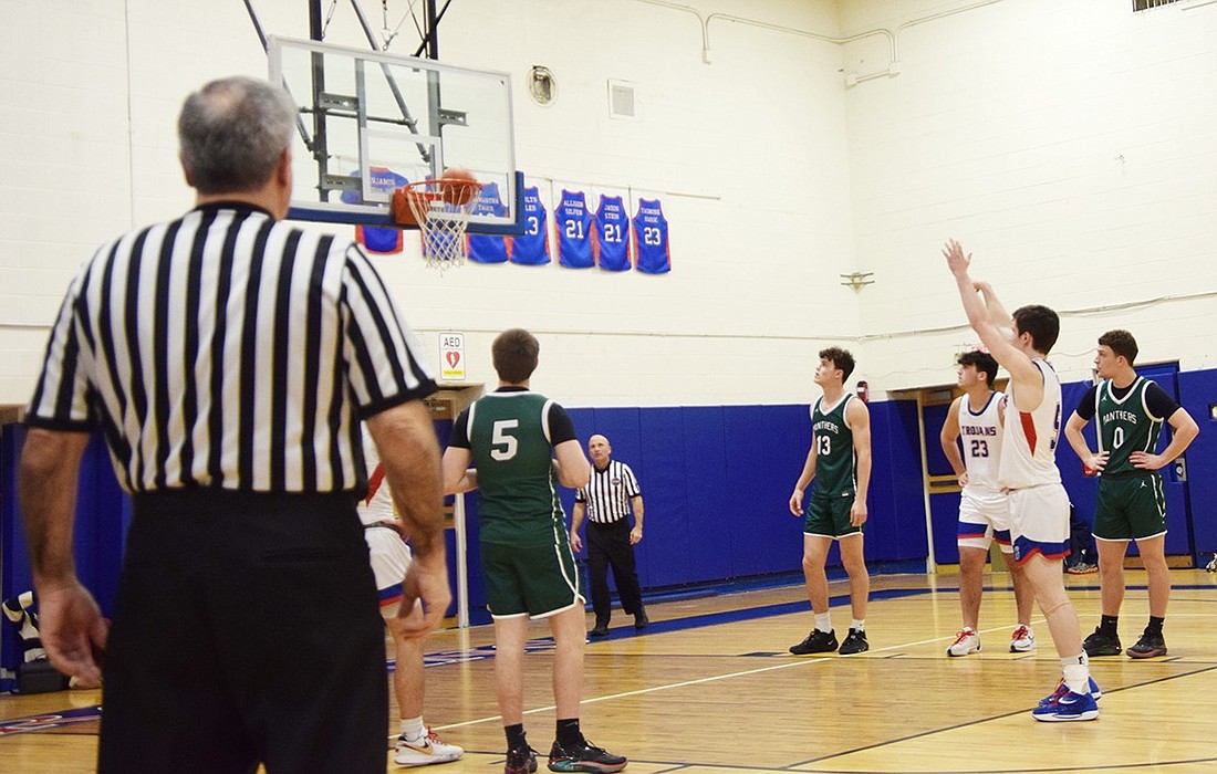 Blind Brook junior Bailey Estep shoots and makes a foul shot in the Trojans’ final game of the regular season at home last Friday, Feb. 9. They overcame the Pleasantville Panthers 73-61.