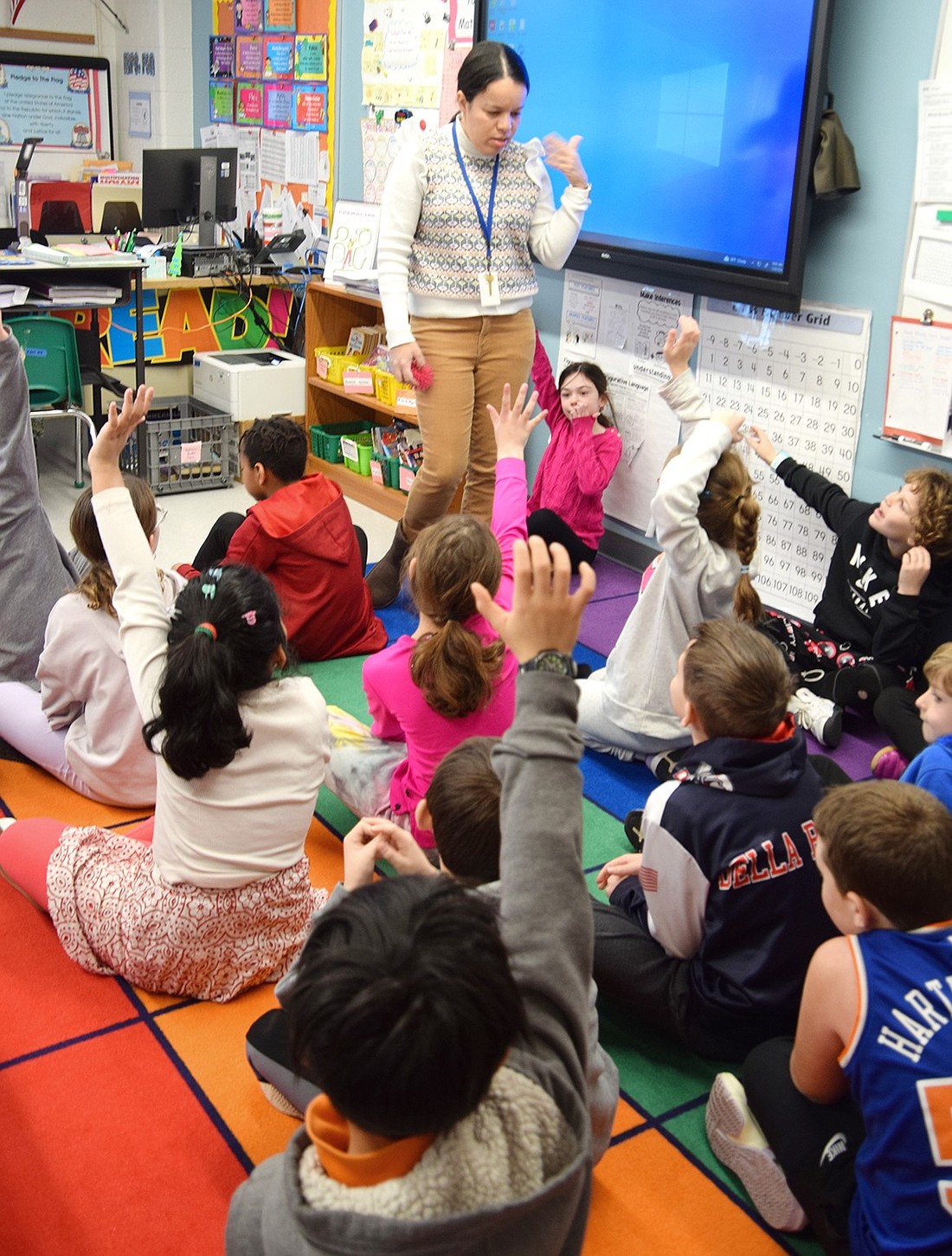 Visiting Ridge Street School third-grade teacher Kristie Fon’s classroom on Jan. 29, Blind Brook’s new Foreign Language in the Elementary School teacher Jasminne Paulino asks a question in Spanish, and nearly every student raises their hand to answer. The new program, which Paulino designed, intends to be fast-paced and engaging to ensure language acquisition is retained.